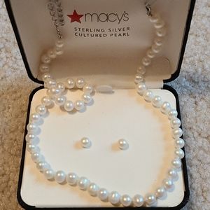 Macy's culture pearl necklace and earrings set